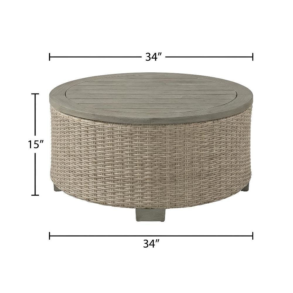 Tan Round Outdoor Coffee Table with Wood Legs and Transitional Design gallery