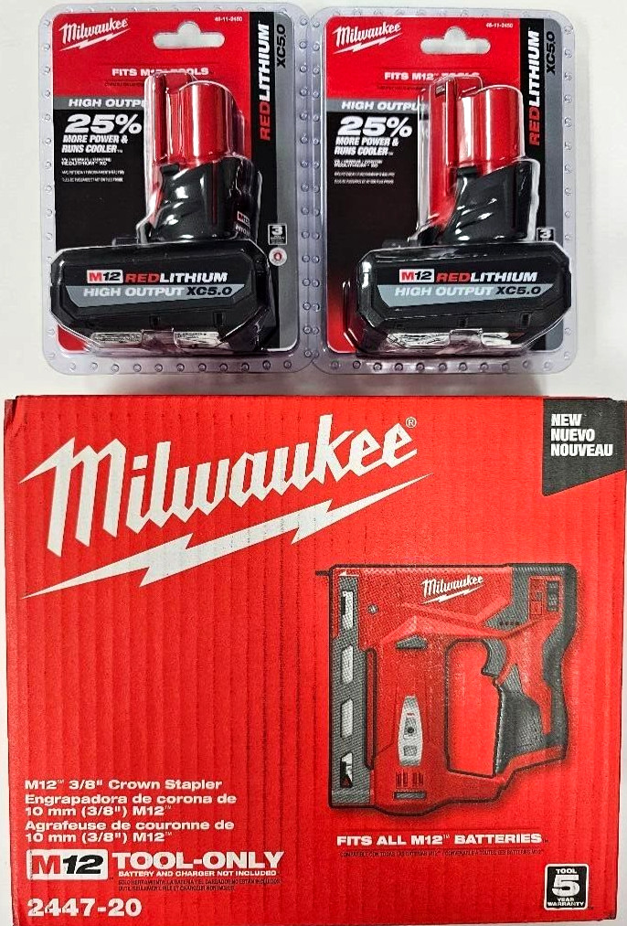 NEW Milwaukee 2447-20 M12 Cordless Compact 3/8" Crown Stapler, 2) 5.0 AH Battery gallery