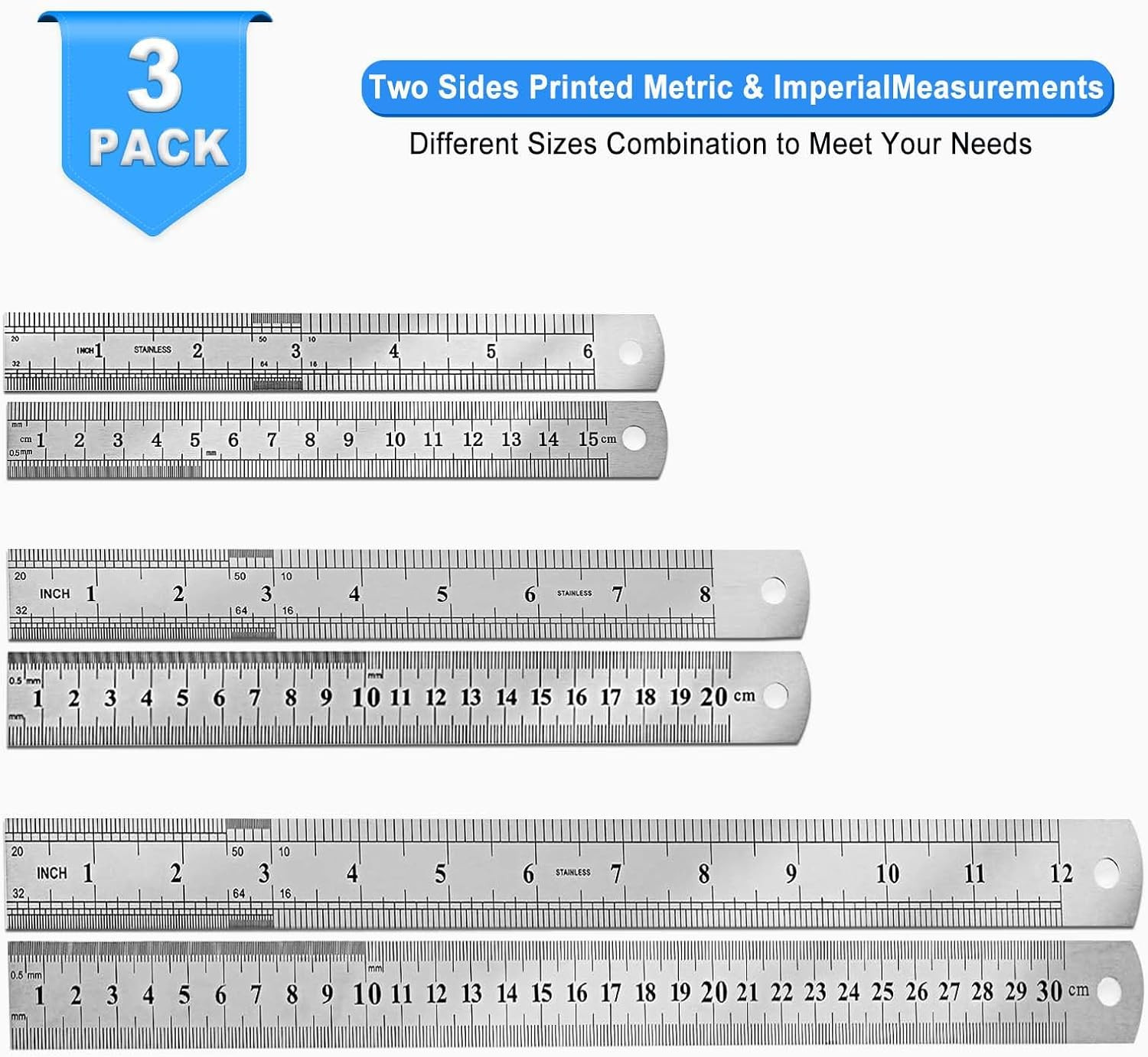 Metal Ruler Set 3Pc Steel Double-Sided Scale 6 8 12In 15 20 30Cm Measuring Tools gallery