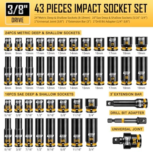 Pro 3/8" Drive Impact Socket Set, 43-Piece SAE(5/16"-3/4") & Metric(8-19mm) gallery