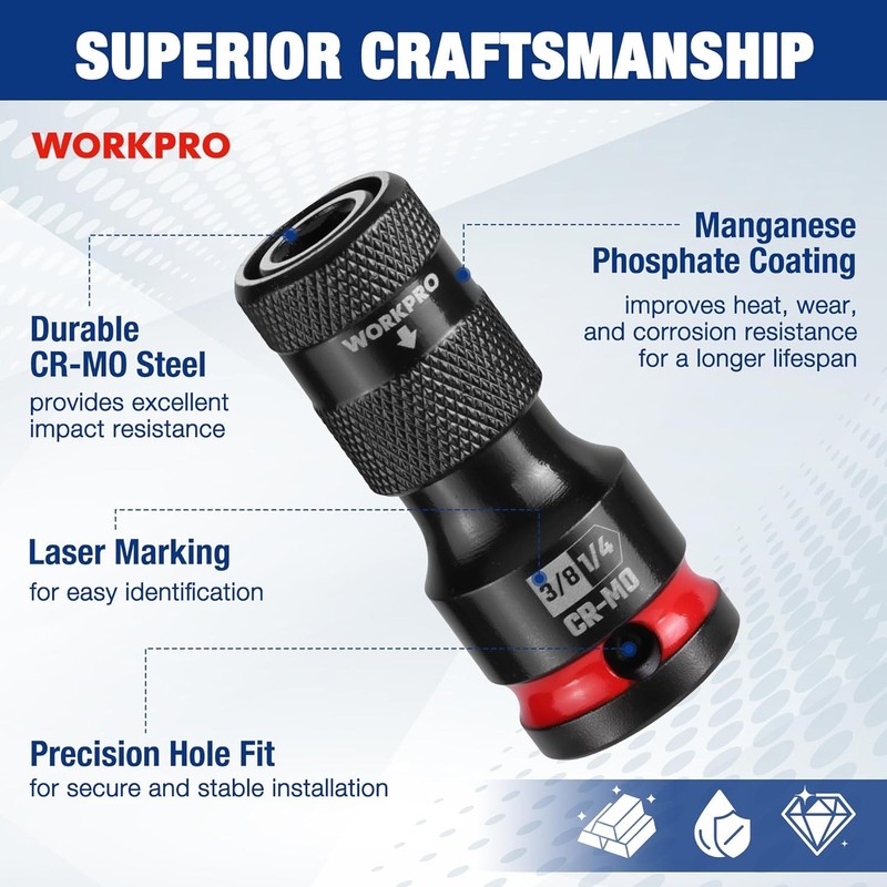 WORKPRO 1/2" 3/8" 1/4inch Quick Release Hex Impact Socket Adapter Bit Holder Set gallery