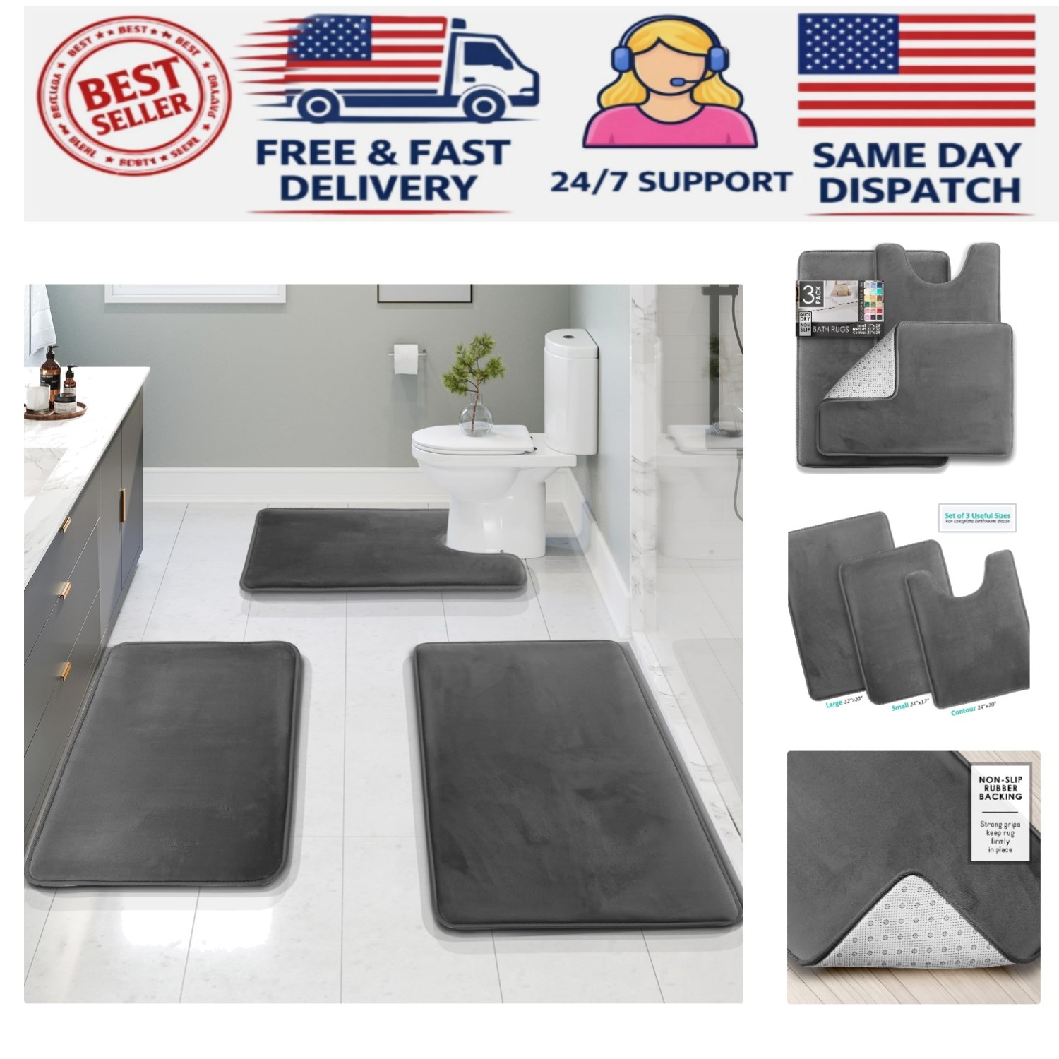 Elegant 3-Piece Bath Mat Collection - Velvet Foam, Water-Resistant & Stylish gallery