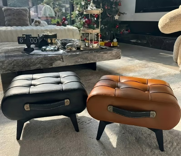 Leather Footstool Ottoman Padded Small Low Stool Table Shoe Seat with Handle gallery