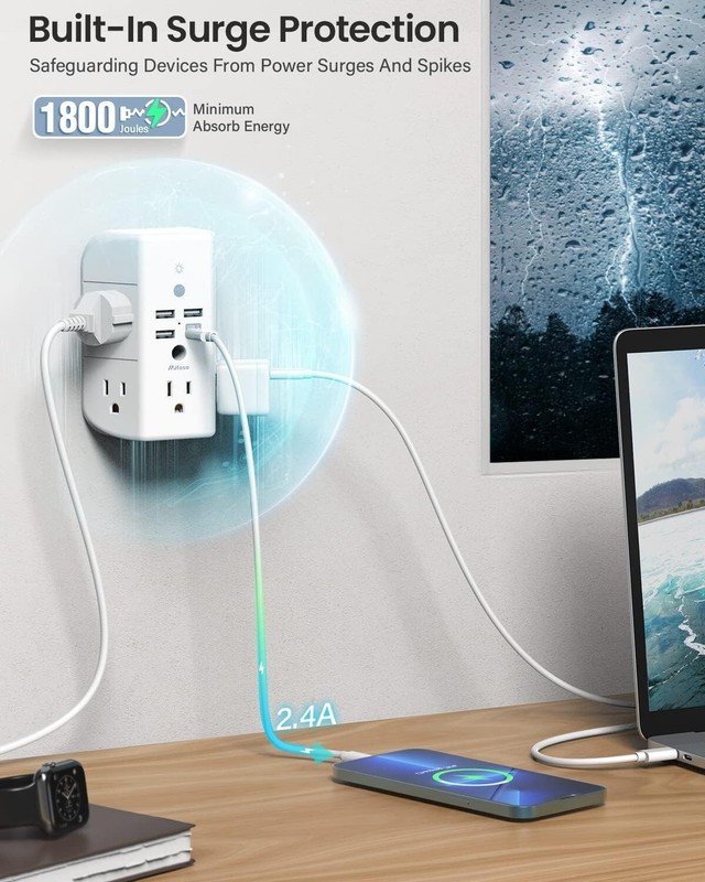 Outlet Extender for Wall with Shelf and Night Light, 3 USB Ports 1 USB C Outlet gallery