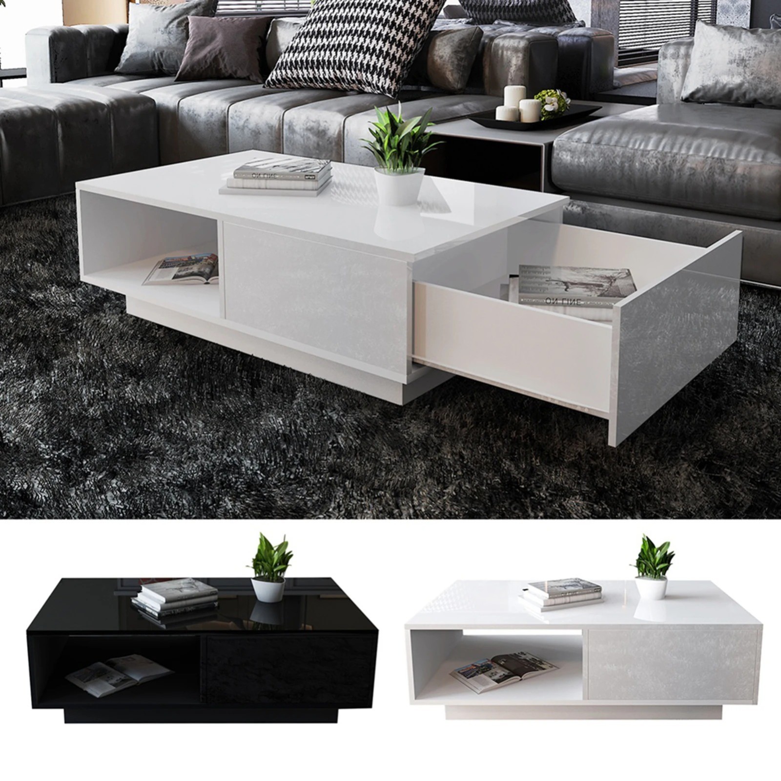 Modern High Gloss Coffee Table with Storage – Rectangular Living Room Centerpiec gallery
