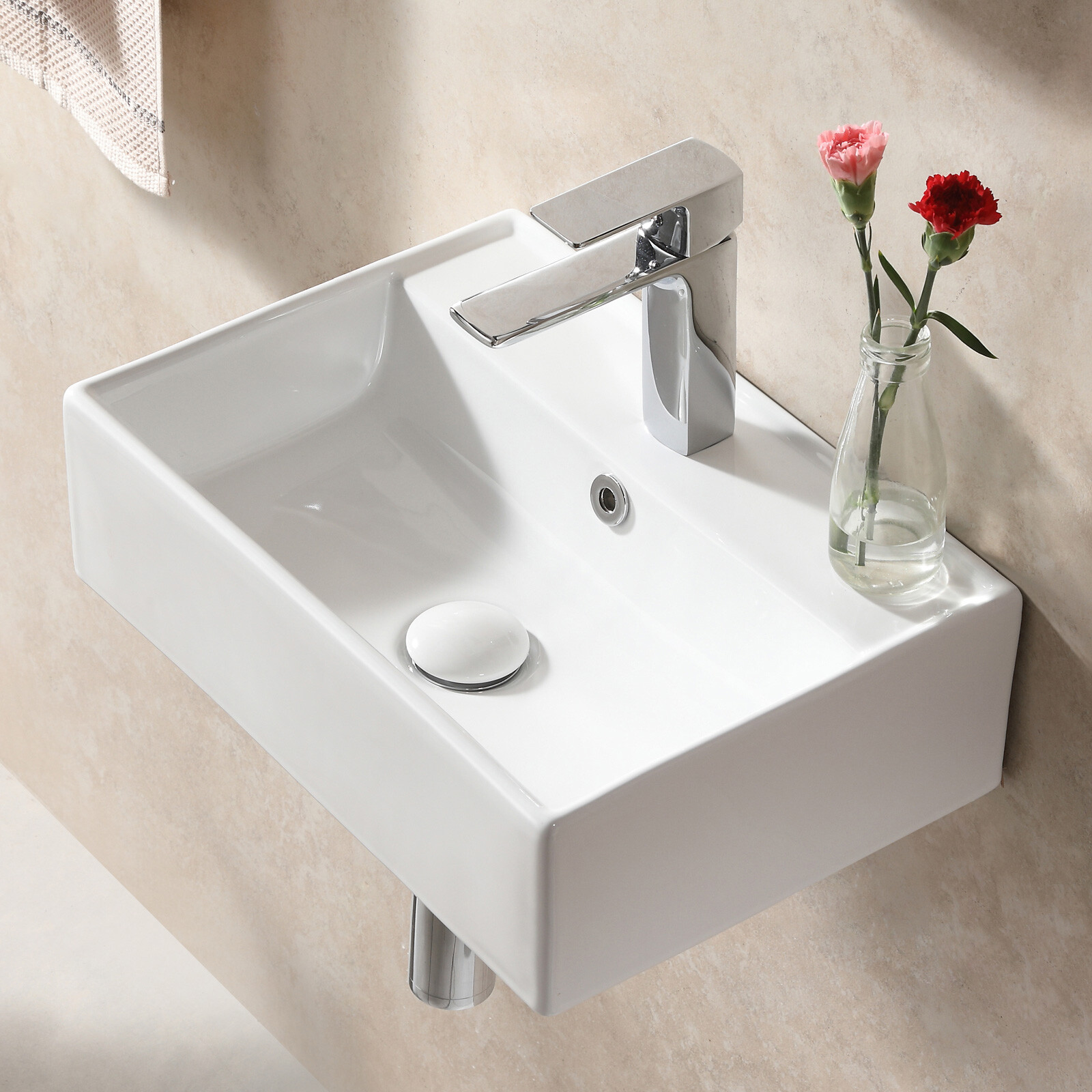White Ceramic Rectangular Wall Mount Floating Bathroom Vessel Sink 17.7"x 12.2" gallery