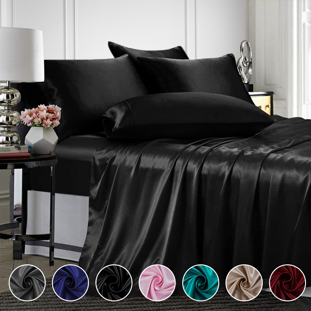 4 Pcs Smooth Satin Silk Sheet Set Deep Pocket Bed Sheet Wrinkle Fade Resistant gallery