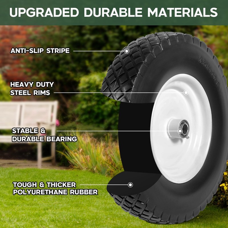 2 PCS 16 Inch Rubber Solid Flat Free Tires and Wheels 4.80/4.00-8 with 3/4'' ... gallery