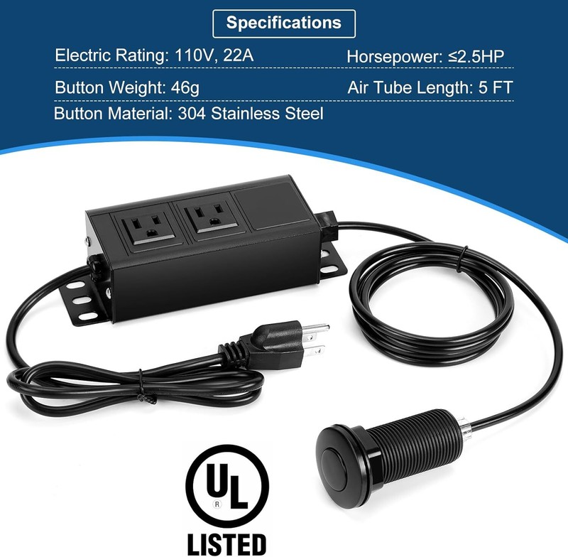 Dual Outlet Garbage Disposal Air Switch UL Listed Sink Top 3.58” Extra Black gallery