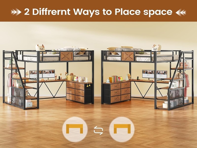 Full Size Loft Bed with Desk &Storage Stairs, Metal Loft Bed w/6 Storage Drawers gallery