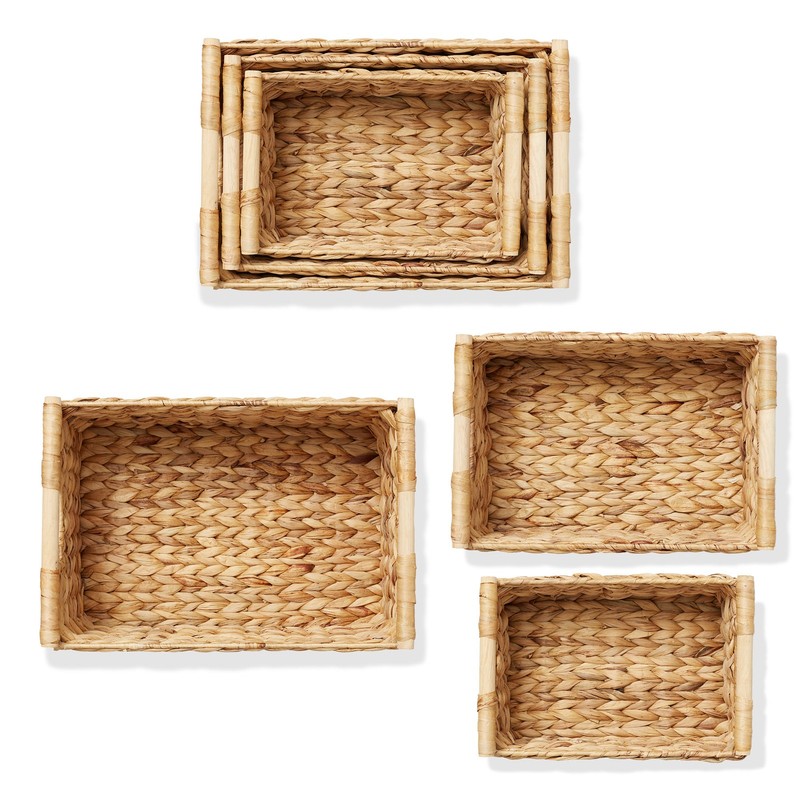 3-Piece Hyacinth Rectangular Storage Basket Set w/ Wood Handles, Natural Wicker gallery