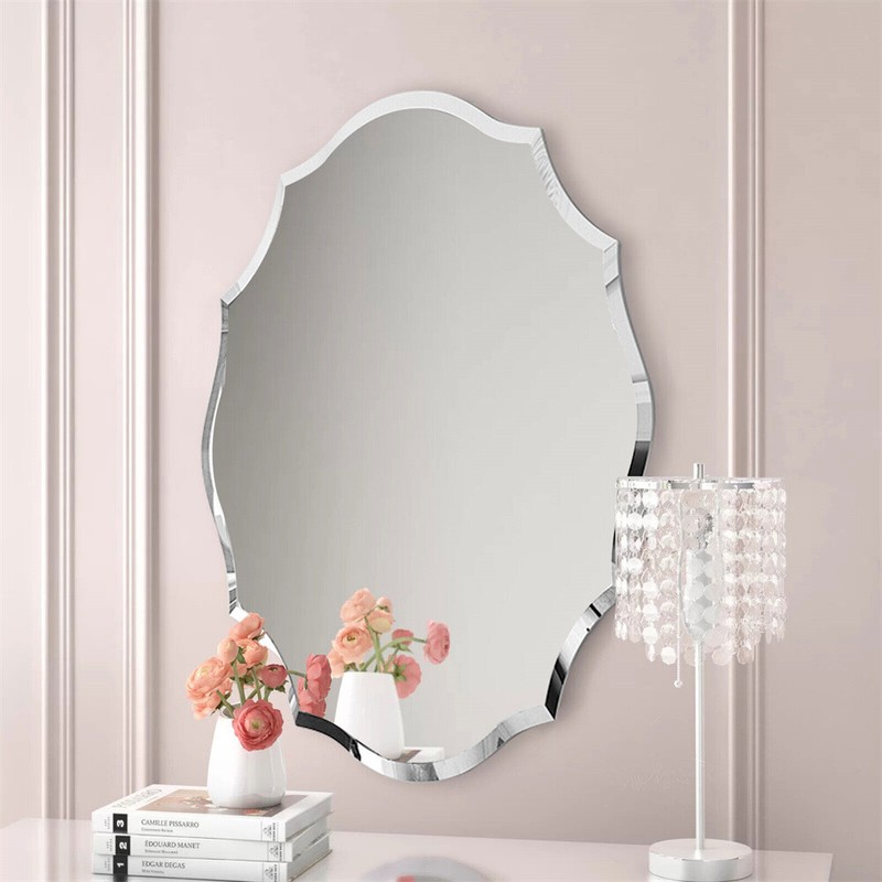 Scalloped Edged Oval Wall Mirror Frameless Wide Beveled Statement Accent Decor gallery