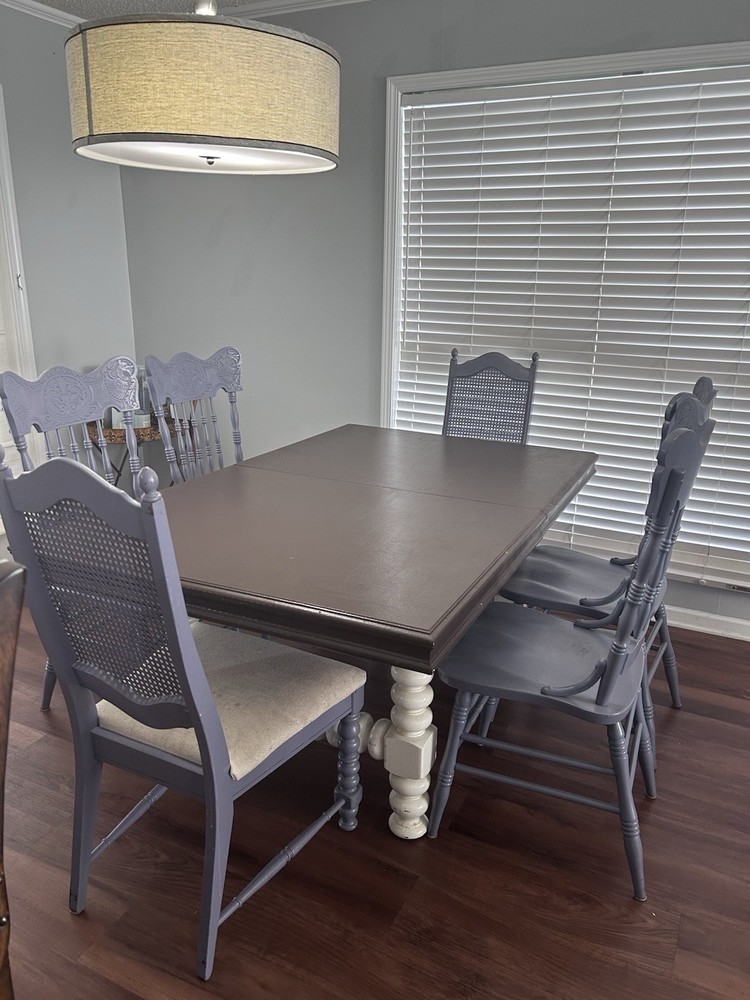 7-Piece Rectangular Dining Table & 6 Chairs Set, Brown/Gray, Wood, Carved