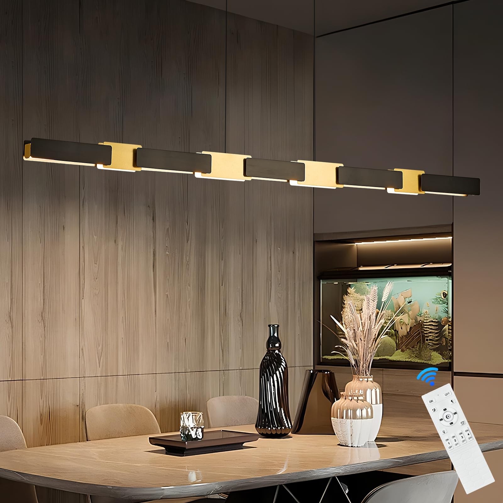 52in LED Linear Pendant Light Dimmable Black Gold Chandelier Kitchen Island L... gallery