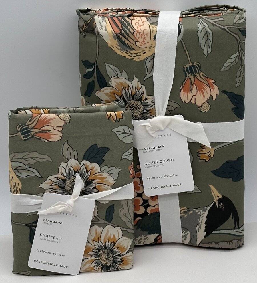 Pottery Barn Bloom Floral Sateen Full / Queen Duvet Cover 2 Standard Shams Green gallery