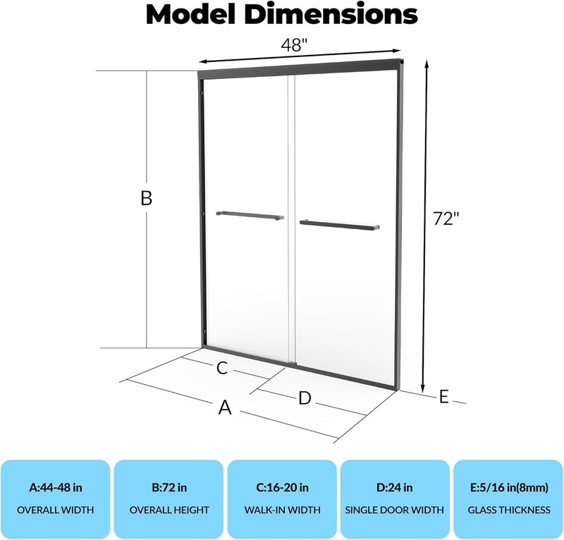 Frameless Double Sliding Shower Door 44-48"W x 72"H 5/16 in (8 mm) Thick, Black gallery
