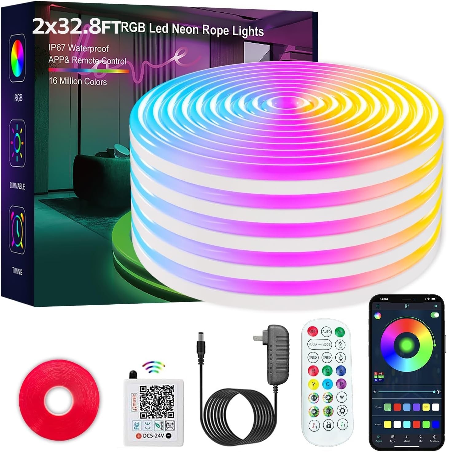 Neon Rope Lights, 50FT IC+RGB LED Strip Lights, App+Remote(2 Rolls of 32.8FT) gallery