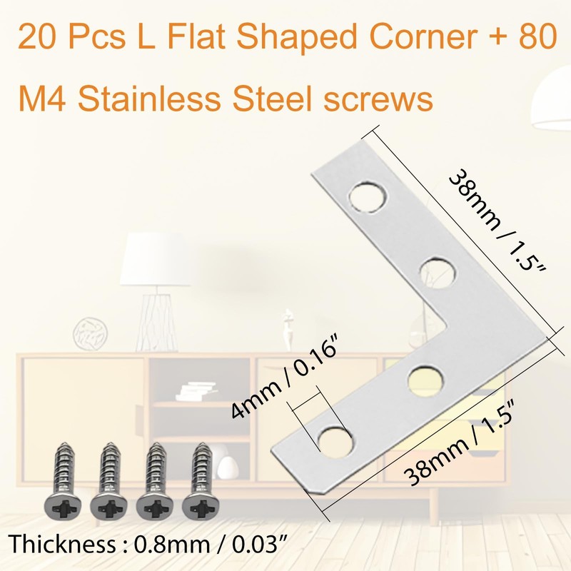 20Pcs Flat L Shape Bracket Flat Corner Brace Shelves,38x38mm Right Angle Corner gallery