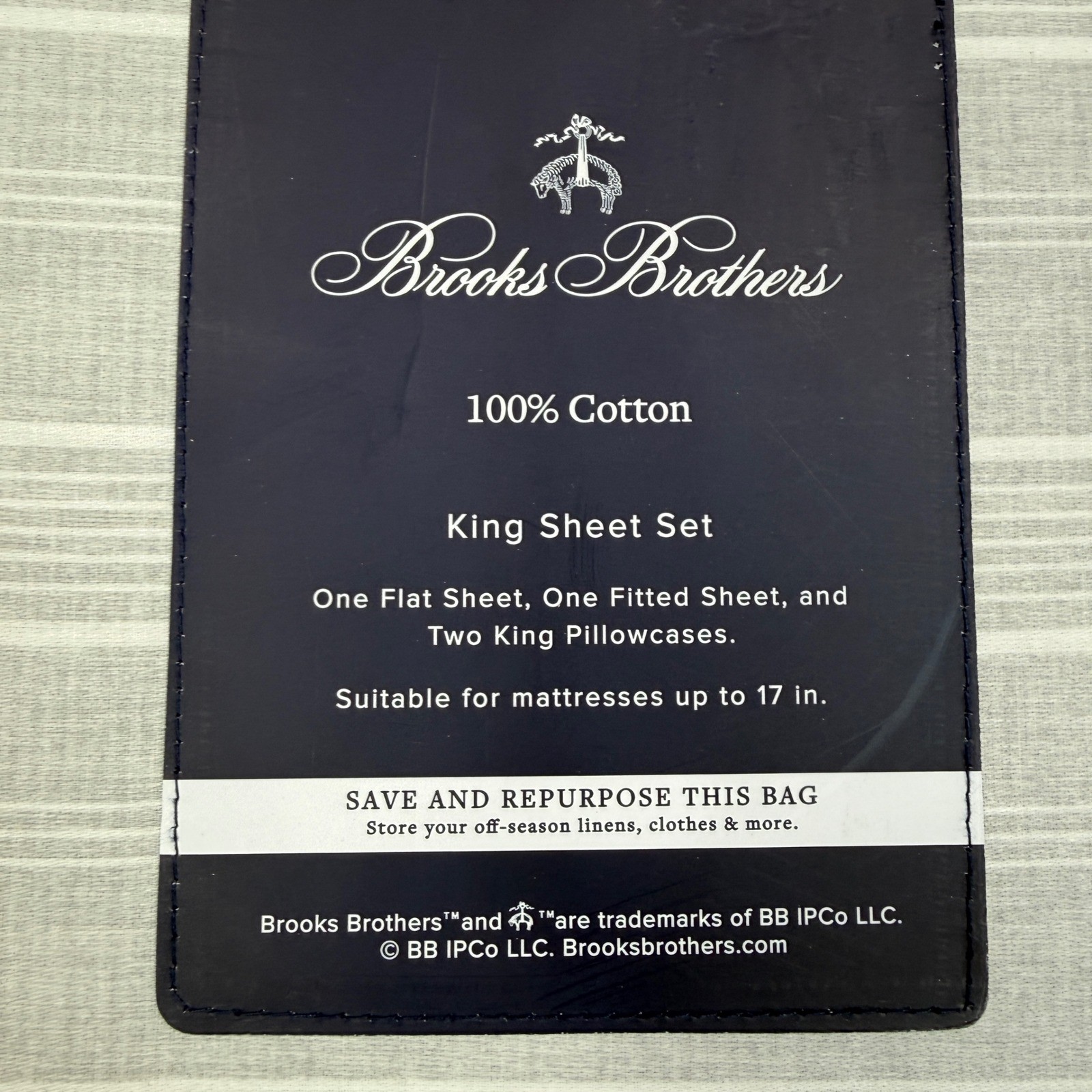 Brooks Brothers King Sheet Set Grey White Stripe 100% Cotton 4pc NEW gallery