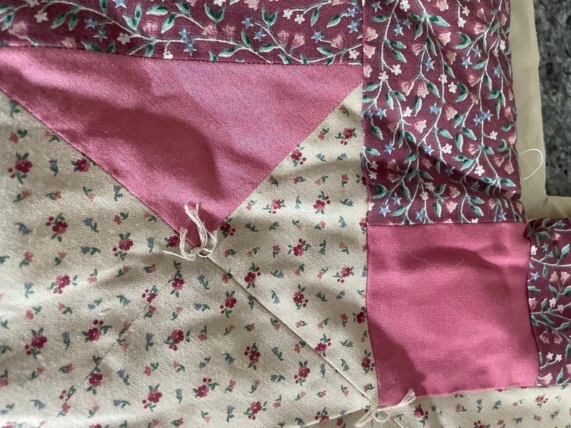VTG Handmade Patchwork Quilted Table Runner 38"x18"~Hand Tied~Pink/Beige/Green gallery