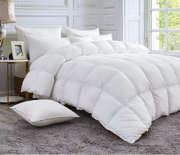 Egyptian Bedding Down Alternative Comforter White/Gold Pipe Edge, Queen 90 x 90" gallery