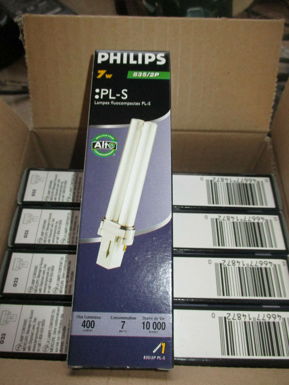 CASE OF 10 PHILIPS 7W COMPACT FLUORESCENT BULBS PL-S 835/2P G23 PLS 7W 835 2P gallery