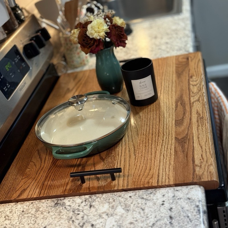 Solid Red Oak Stove Top Cover – Custom Fit Stove Top Board with Black Handles gallery