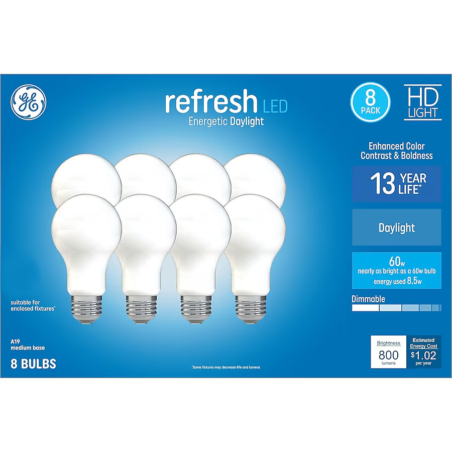 GE LED Light Bulb Daylight Refresh A19 Dimmable 5.5w a set of 8 Bulb