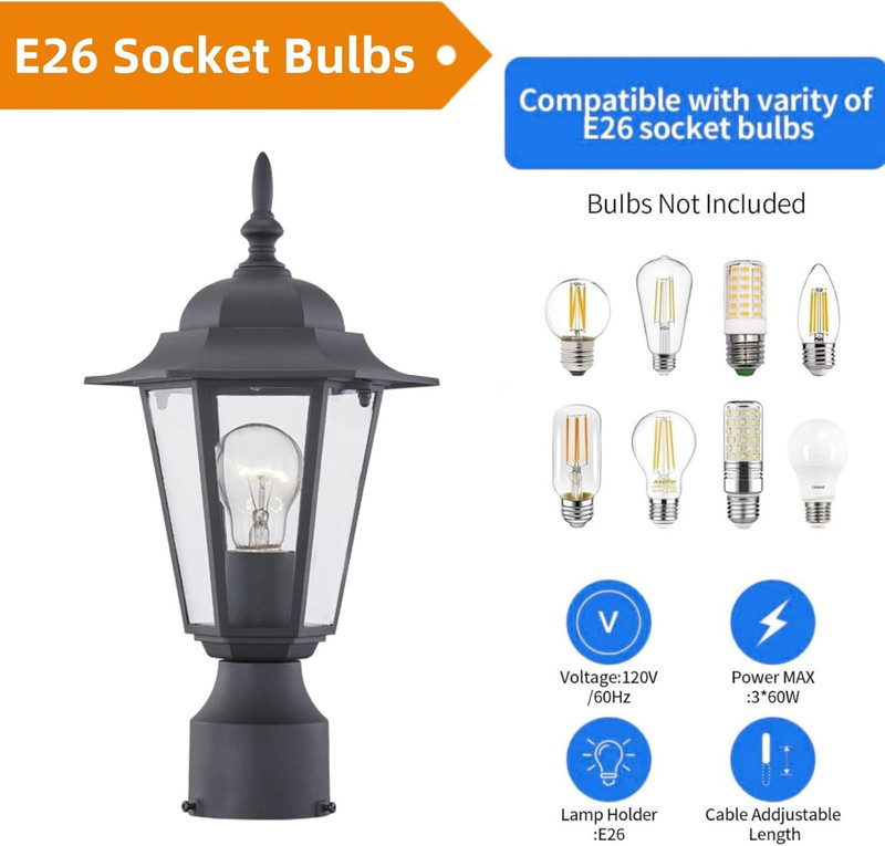 Outdoor Post Light, Pole Lantern, E26 Base 60W Max, Aluminum Housing plus Glass, gallery