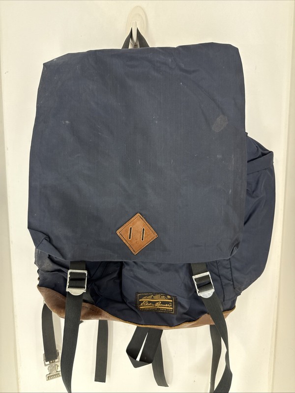 Vintage Eddie Bauer Blue Hiking Pack Backpack Knapsack Leather Bottom