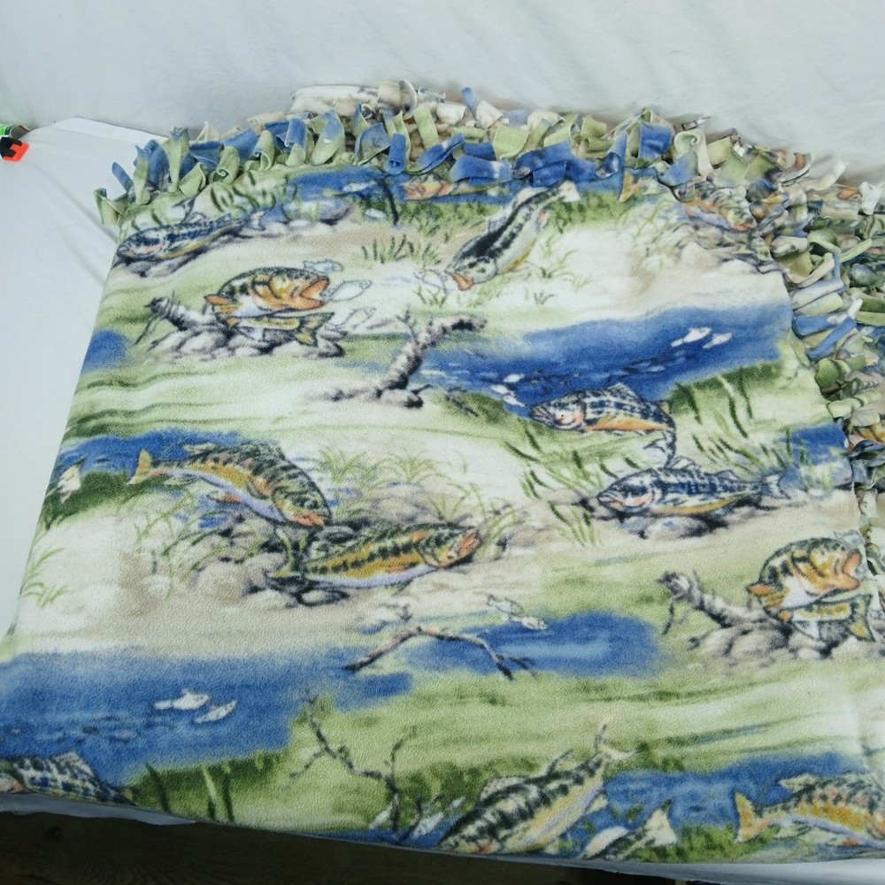 FISHING PATTERN DOUBLE SIDED HAND TIE FLEECE ANTI PILL THROW BLANKET 48 X 92 BIG