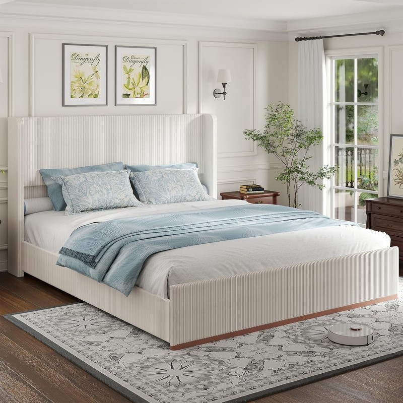 Wingback King Size Bed Frame Platform Bed with Corduroy Upholstered Headboard gallery