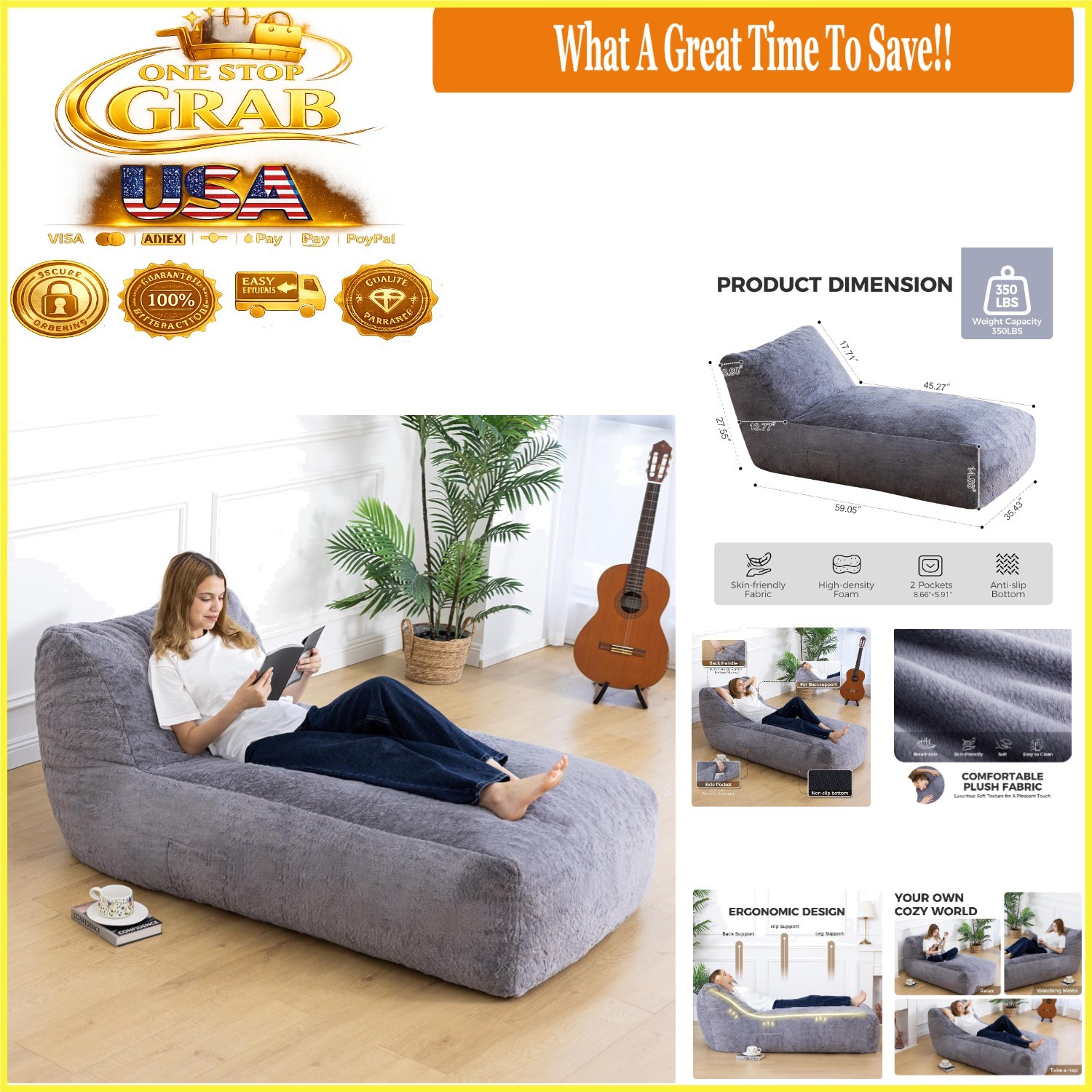Giant 59-Inch Memory Foam Bean Bag Chair with Faux Fur Lounge Grey gallery