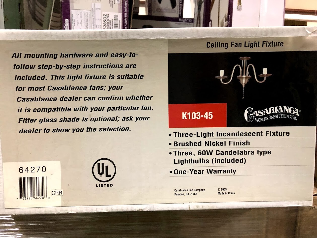 Casablanca Ceiling Fan 3-Arm Center Stem Light Fixture 180-watt Nickel K103-45 gallery