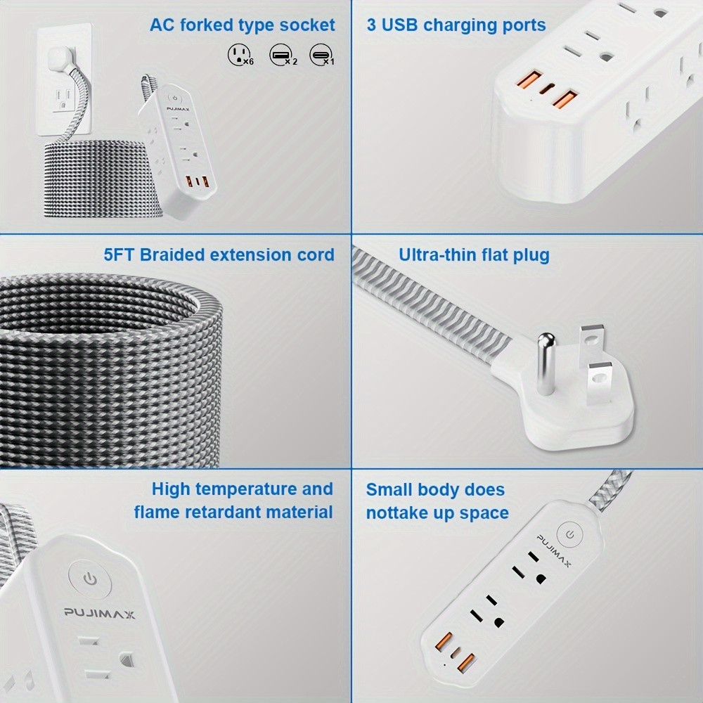 US Power Strip Surge Protector 5 FT Cable 6 AC Outlets 3 USB Ports + Type C Port gallery