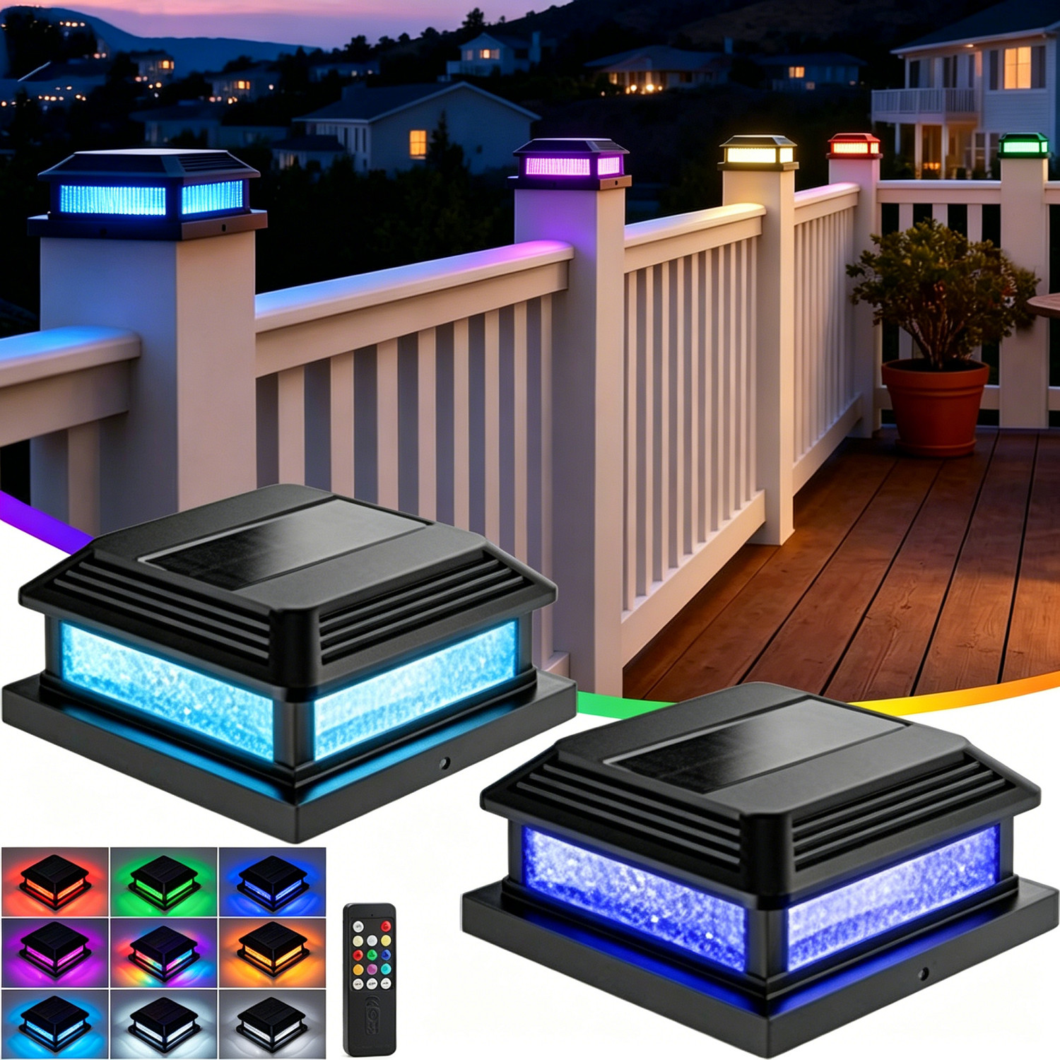 4x4 Solar Post Cap Lights Outdoor w/ Remote RGB 9 Colors Fence Deck Garden Lamp gallery