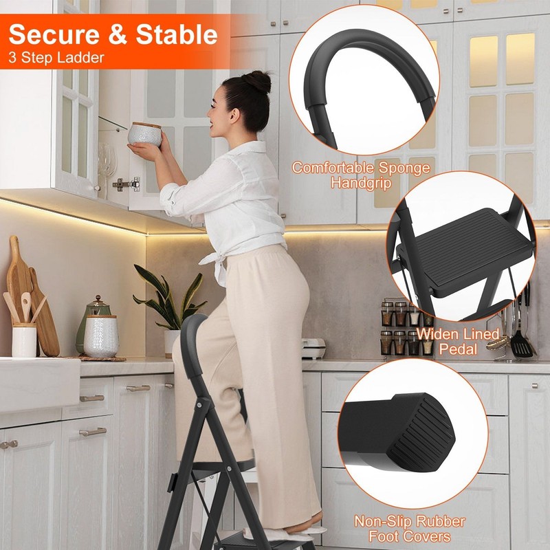 3-Step Folding Ladder, 330lbs Load Capacity, Lightweight 6.94lbs with 1.57in Fol gallery