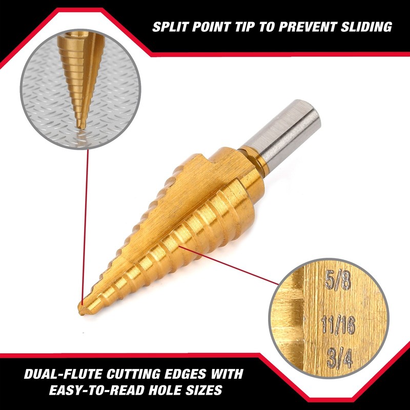 Step Drill Bit - Titanium Coated, Double Cutting Blades, 13 Steps 1/8" to 1/2" gallery