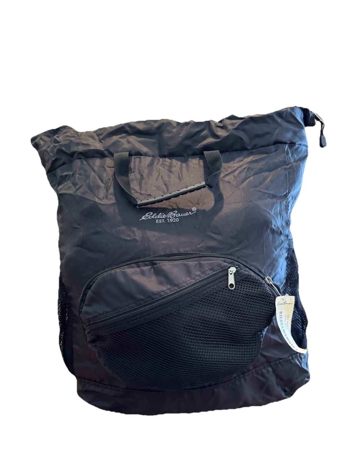 Vintage Eddie Bauer Trek Pack Hiking Backpack Black, Drawstring, Mesh Pockets 4