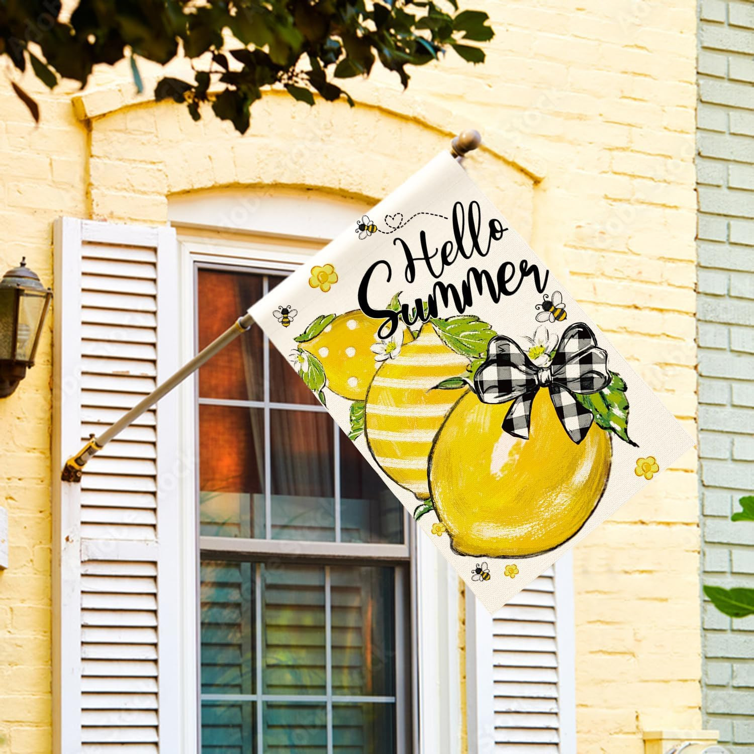 Hello Summer House Flag 28X40 Inch Double Sided Outside, Lemon Bee Rustic Season gallery