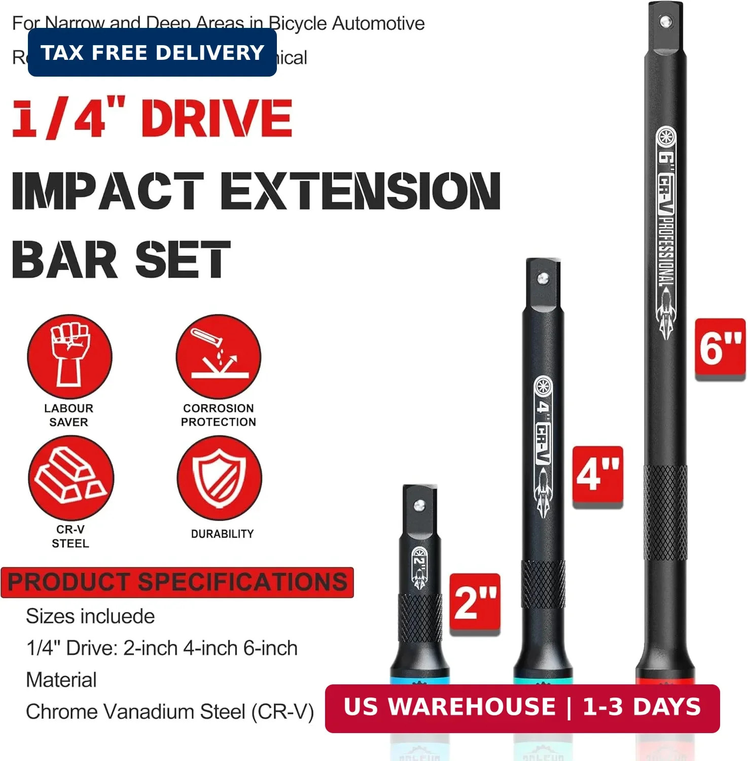 3 Pcs 1/4" Drive Impact Extension Bar Set, 2" 4" 6" Length Socket Extension, CR- gallery