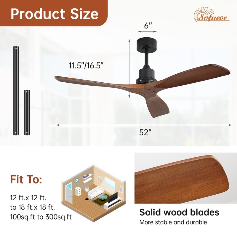 52in Modern Ceiling Fan Solid Wood & Remote 6 Speeds/Reversible Motor In/outdoor gallery