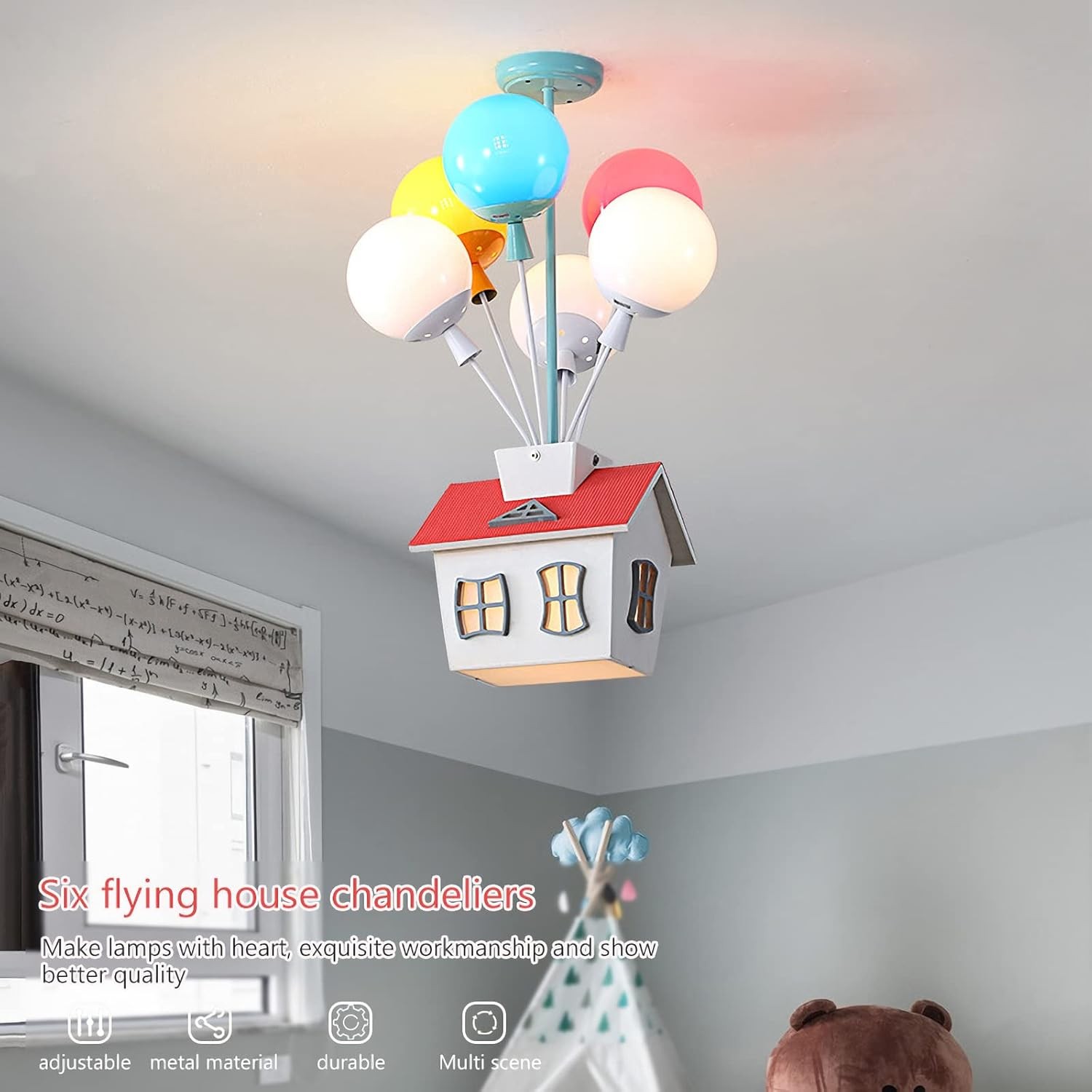 Kids House Shape Ceiling Light Colorful Balloon Wood Chandelier 6-Light 16.5IN gallery