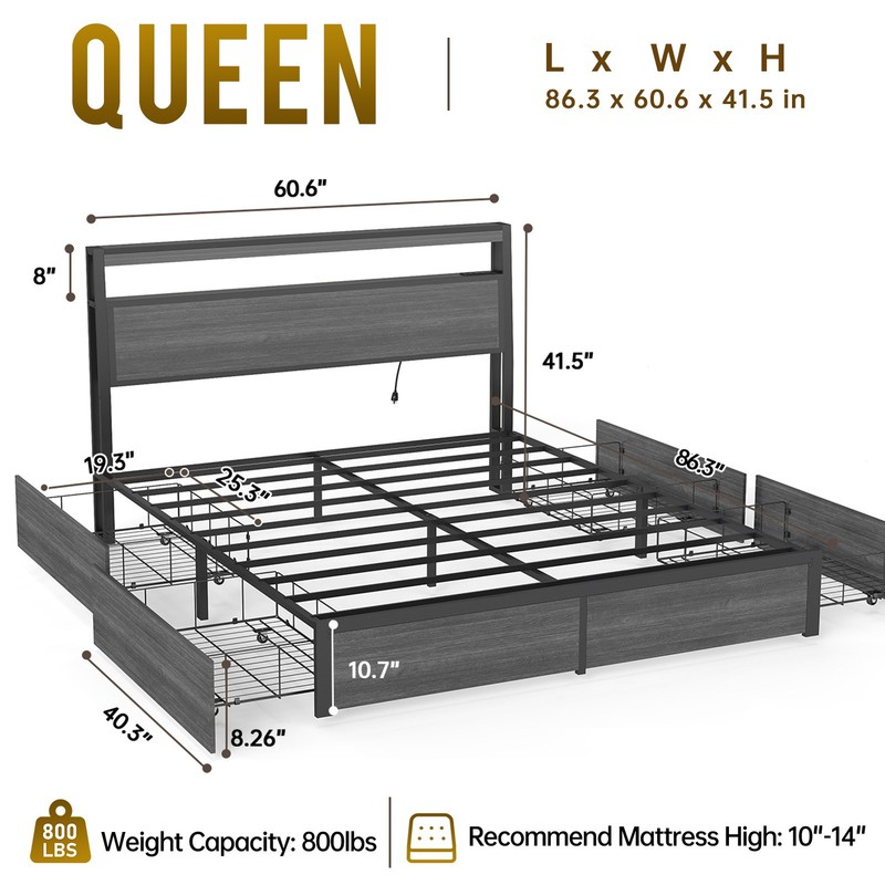 Queen Size LED Bed Frame with Storage Headboard and 4 Drawers Charging Station gallery