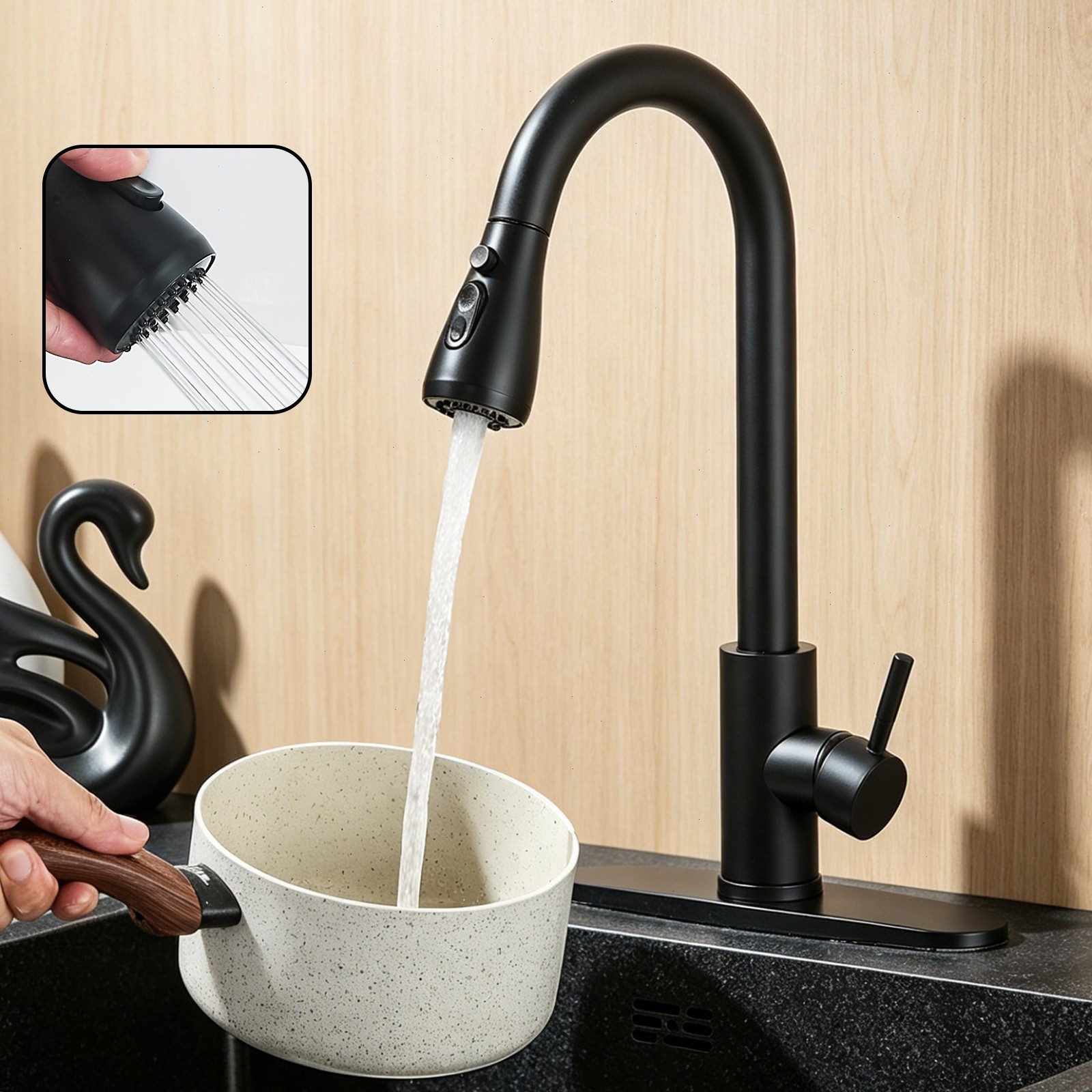 Matte Black Kitchen Faucet Single Handle Pull Down Sprayer Swivel Sink Mixer Tap gallery