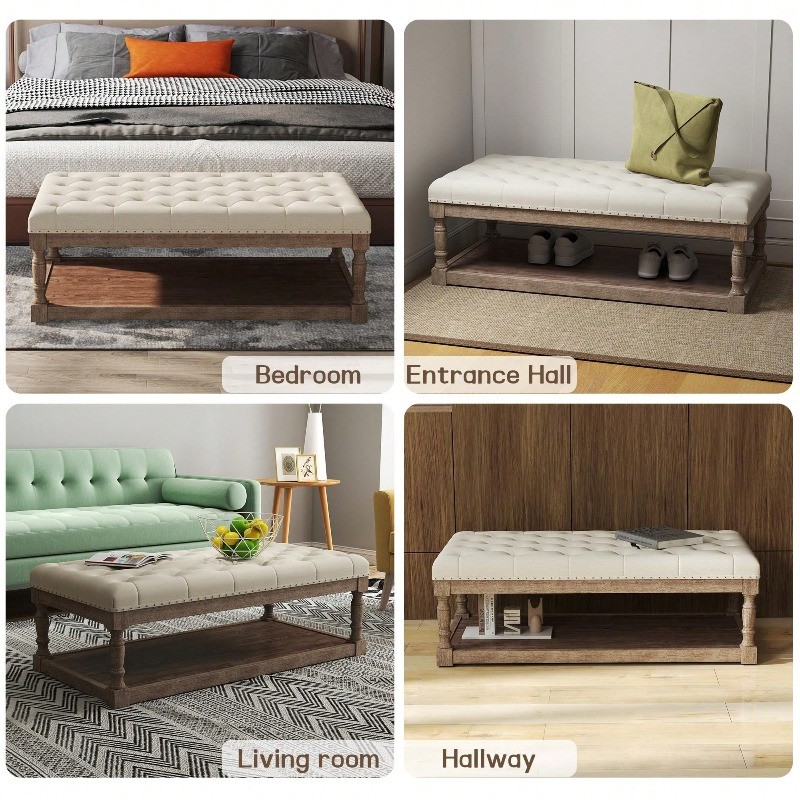 48" Large Ottoman with Storage Coffee Table Upholstered Tufted Linen Bench gallery