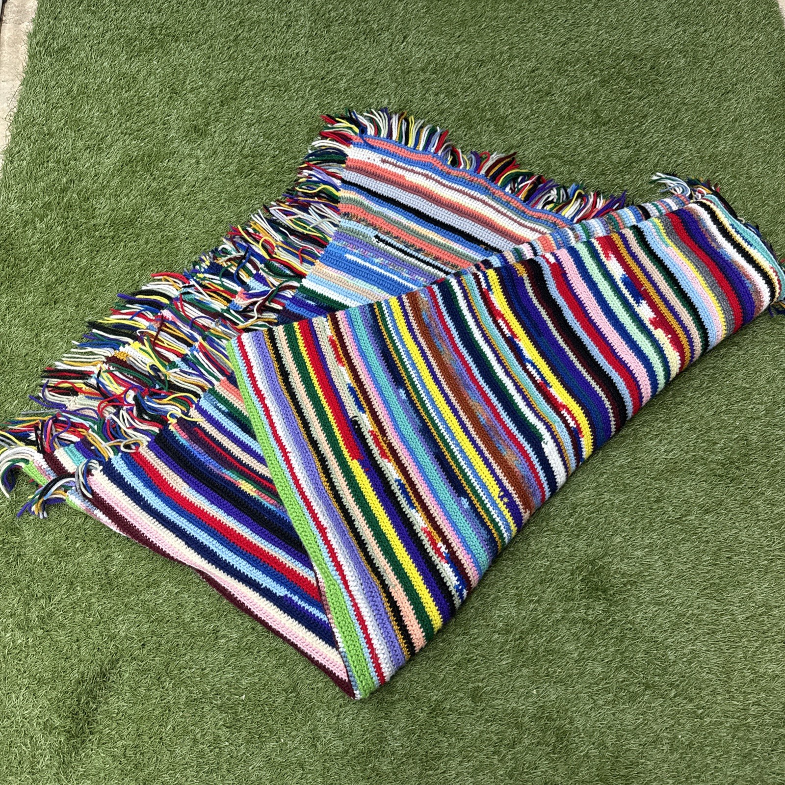 Vintage 70s Handmade Large Afghan Blanket Crochet Granny Stripe 78”x 82” Rainbow gallery