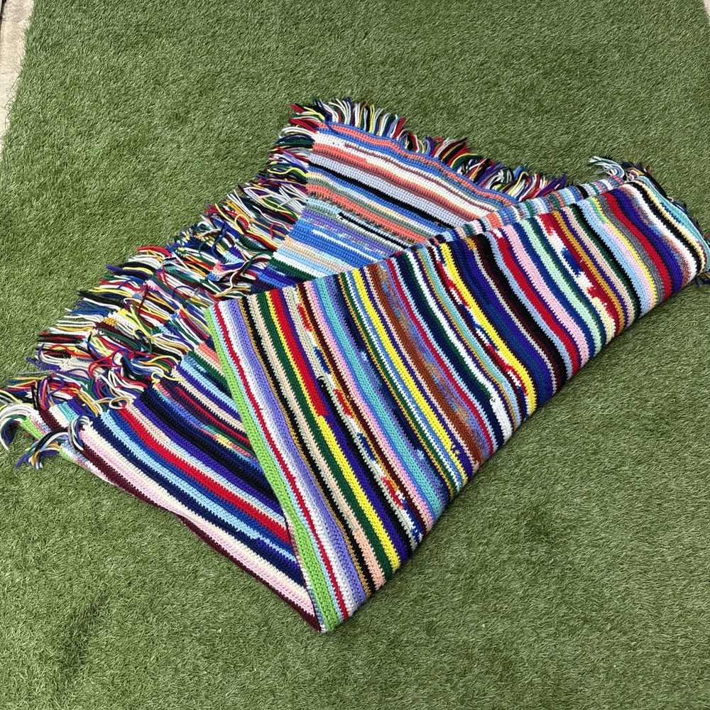 Vintage 70s Handmade Large Afghan Blanket Crochet Granny Stripe 78”x 82” Rainbow