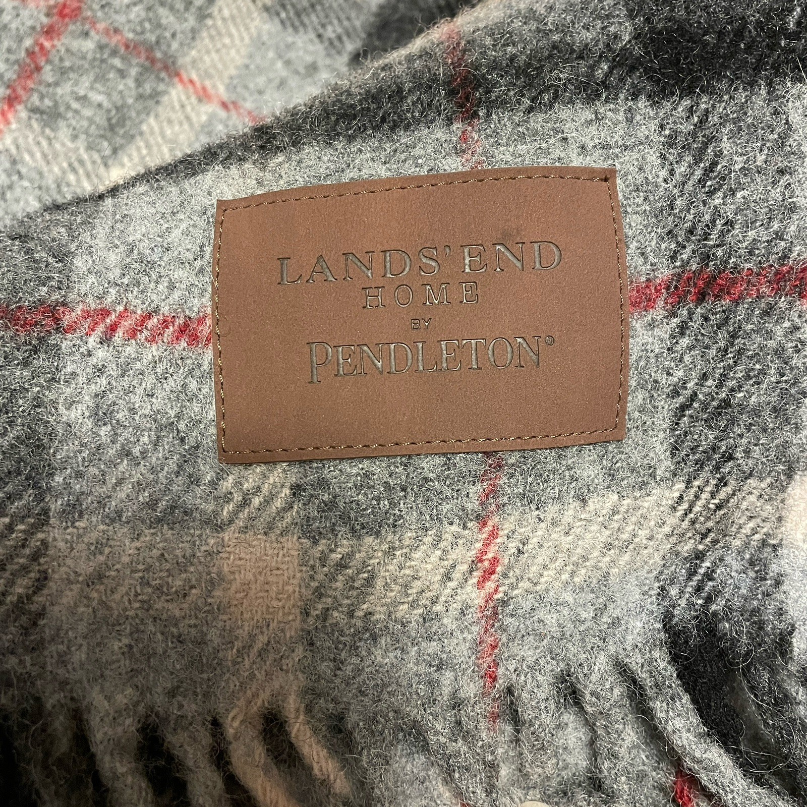 Lands End Home By Pendleton 100% Wool Stadium Blanket Gray Plaid 54" X 46" EUC gallery