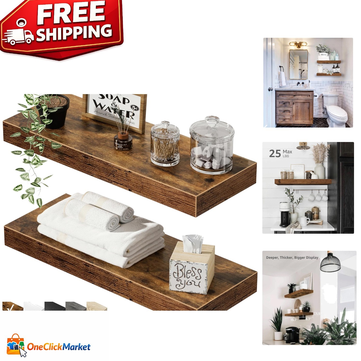 Versatile 15.7" Farmhouse Floating Shelves - Perfect for Storage & Style gallery